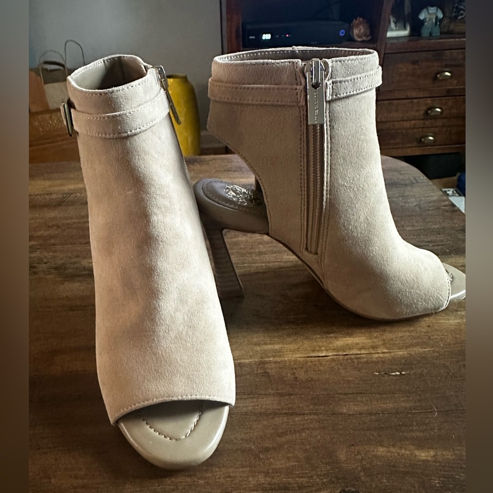 Vince Camuto Taupe Suede Peep-Toe Ankle Booties